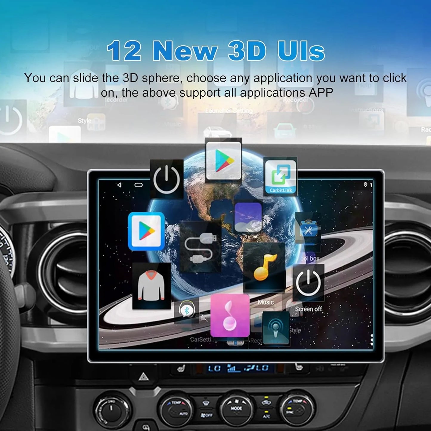 Autoradio Toyota Tacoma 2015-2022 13" Android 13 RAM 4+64 Go, Octa Core, QLED, Bluetooth, GPS, DSP, AM/FM/RDS, SWC, WiFi, interface utilisateur 3D, caméra avant/arrière