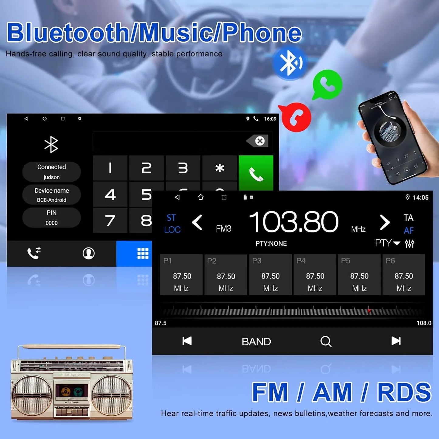 Autoradio Android 7" 2 + 64 Go pour Jeep Wrangler/Compass/Patriot, Chrysler Sebring, Dodge RAM : GPS, Carplay sans fil/Android Auto, Bluetooth, WiFi, DSP, caméra de recul
