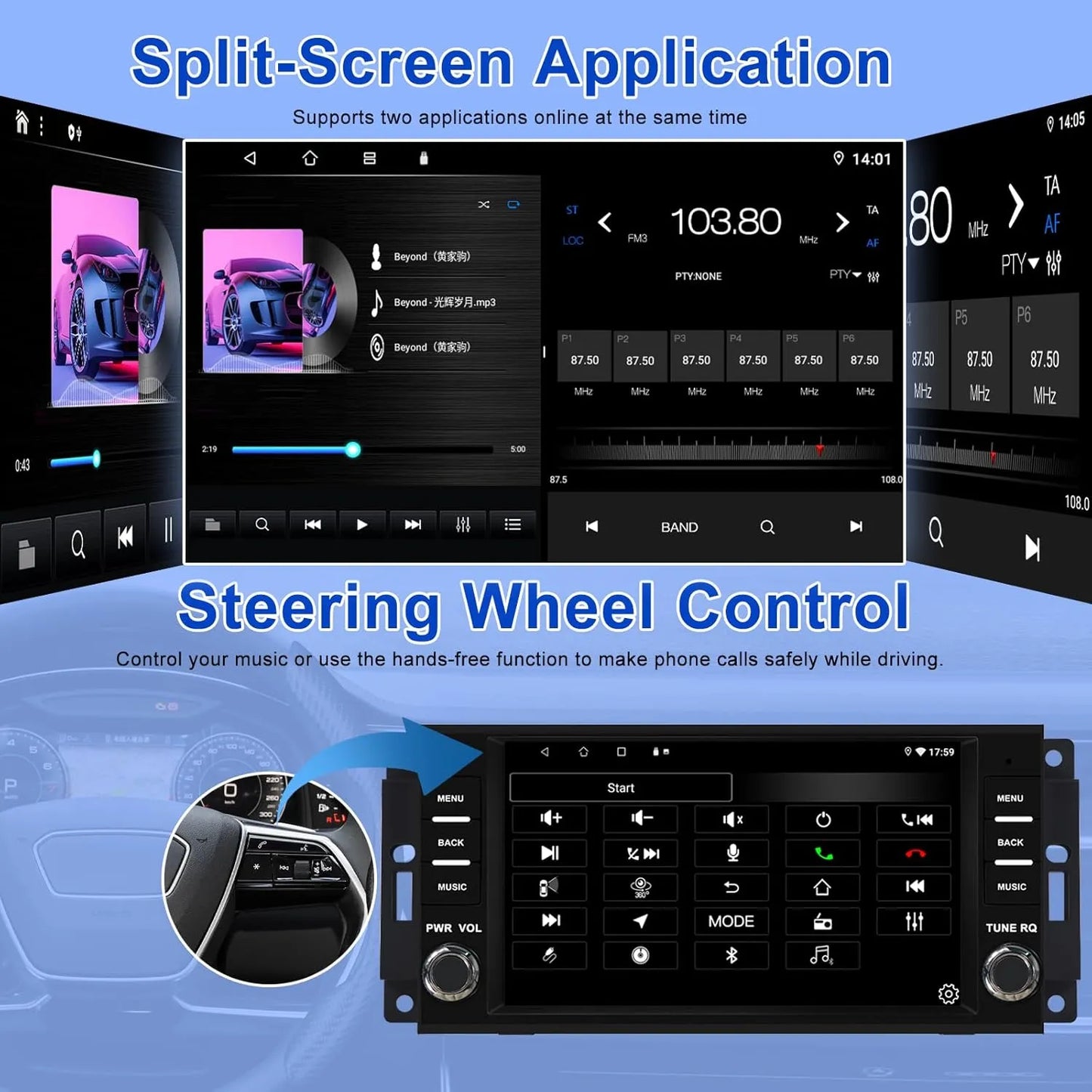 Autoradio Android 7" 2 + 64 Go pour Jeep Wrangler/Compass/Patriot, Chrysler Sebring, Dodge RAM : GPS, Carplay sans fil/Android Auto, Bluetooth, WiFi, DSP, caméra de recul