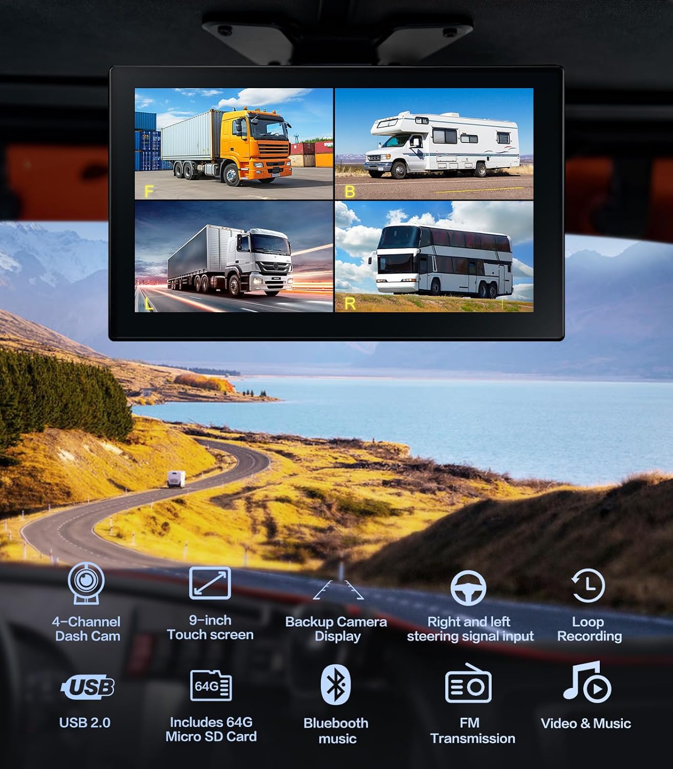 Kit Caméras 4K 1080P 4 Canaux avec Écran Tactile 10.2" pour Camions, Bus & Caravanes – Vision 360°, Enregistrement 5 Canaux, Étanche IP69, Bluetooth 5.0, Installation Facile