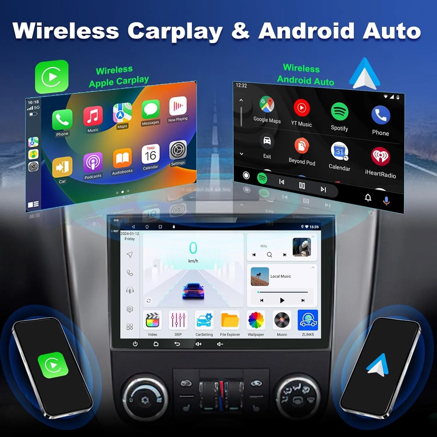 Autoradio Android 8" 4+64 Go pour Chevrolet Silverado/GMC Sierra/Yukon/Tahoe/Buick : GPS à écran tactile, Carplay, Android Auto, Bluetooth, WiFi, SWC.