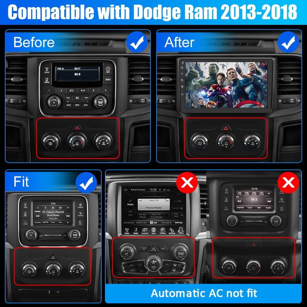Stéréo de voiture Android pour Dodge RAM 1500-3500 (2013-2018) avec CarPlay sans fil et Android Auto, 2 + 32 Go, remplacement manuel de la radio compatible AC
