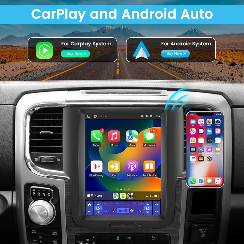 Système Stéréo Android 13 pour Dodge Ram 2013-2018 1500/2500/3500, Écran 10.4" T Style, Compatible CarPlay & Android Auto