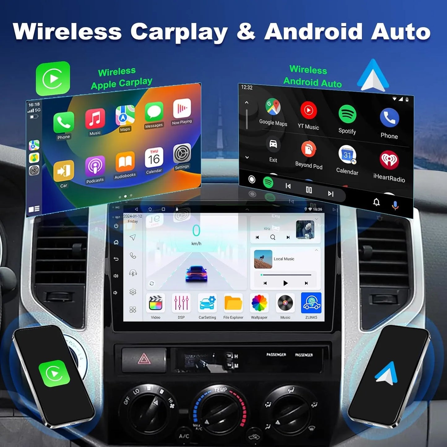Stéréo de voiture Android 9" pour Toyota Tacoma 2005-2013, 4+64 Go, Apple CarPlay, Android Auto, navigation GPS, caméra de recul AHD, radio à écran tactile