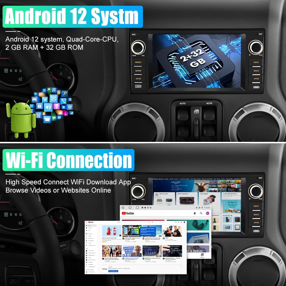 Stéréo de voiture Android pour Jeep Wrangler/Chrysler/Dodge Ram 1500 2007-2018 : écran tactile 7", CarPlay sans fil, WiFi, GPS, radio FM, caméra de recul