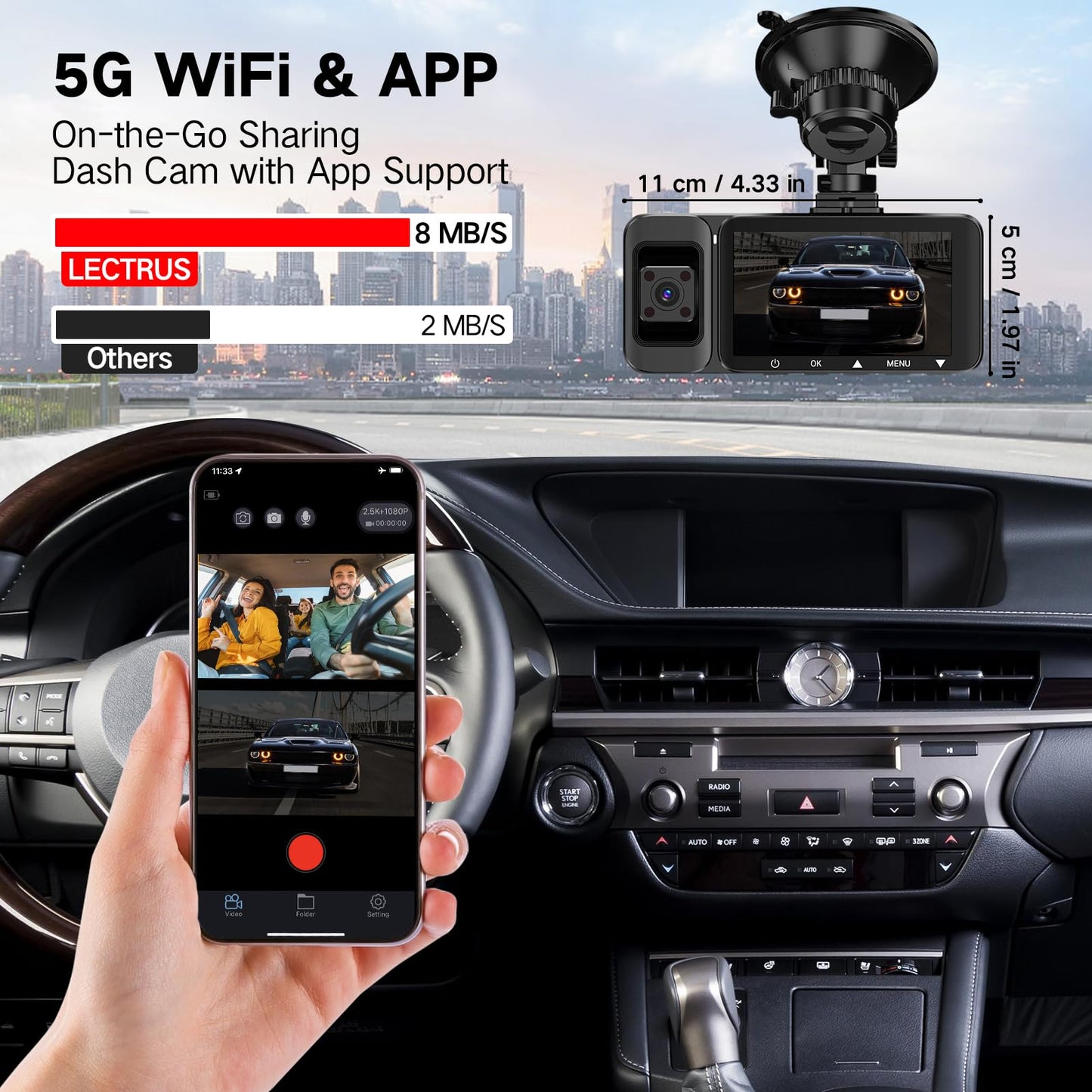 Caméra embarquée 3 canaux 4K avant/intérieur/arrière avec WiFi 5G, écran 3", vision nocturne, mode parking 24H, carte 64Go
