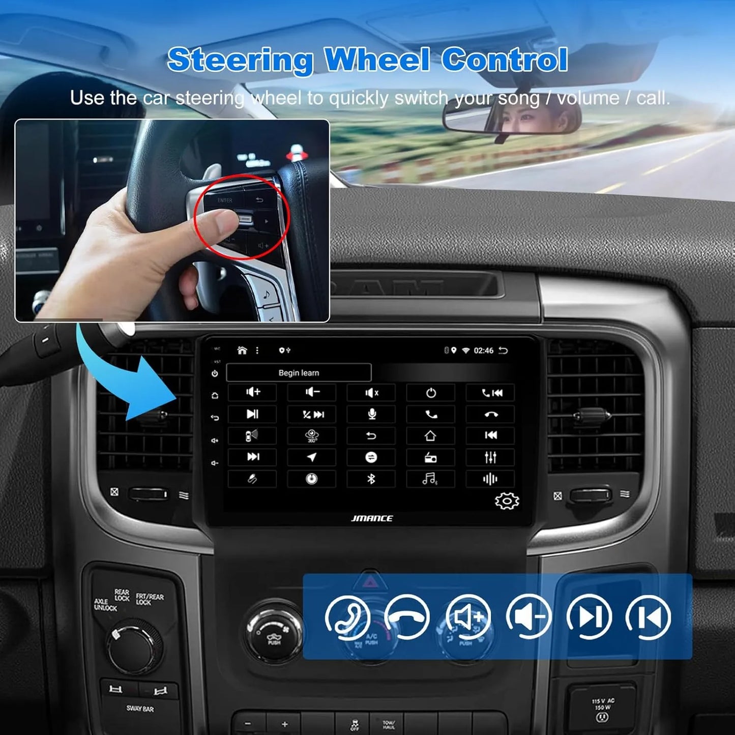 Autoradio Android 4+64 Go pour Dodge Ram 1500-3500 (2013-2018) – Octa Core, GPS, 4G, DSP HiFi, AM/FM/RDS, SWC, kit de remplacement radio