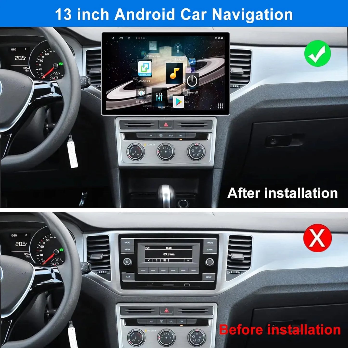 Autoradio android 6+128 Go 13" Double Din Android 13 Autoradio : Octa Core, écran tactile QLED, caméras avant/arrière, Bluetooth, GPS, DSP, AM/FM/RDS, SWC, WiFi
