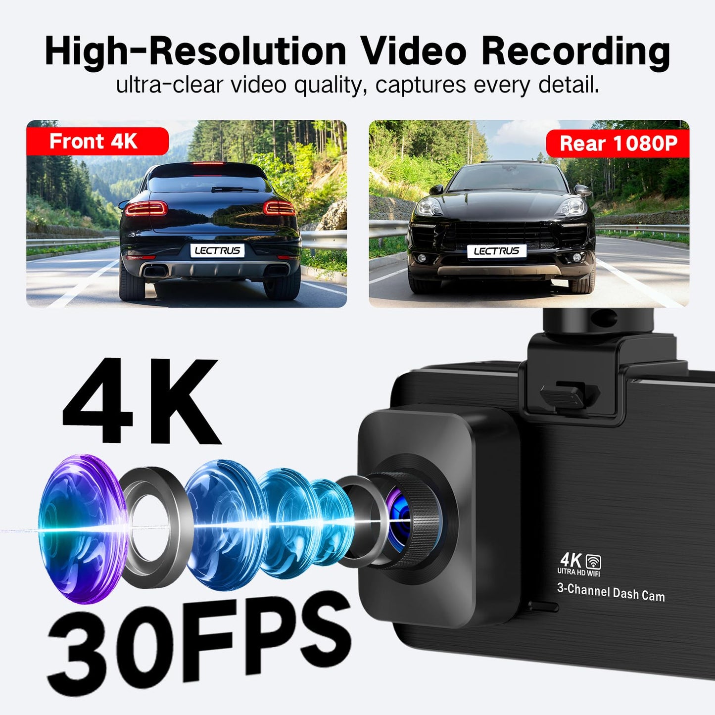 Caméra embarquée 3 canaux 4K avant/intérieur/arrière avec WiFi 5G, écran 3", vision nocturne, mode parking 24H, carte 64Go