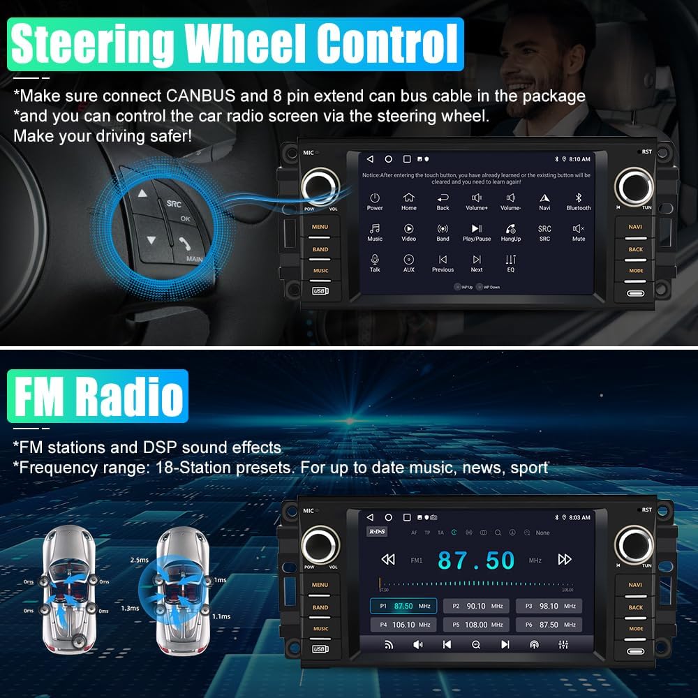 Stéréo de voiture Android pour Jeep Wrangler/Chrysler/Dodge Ram 1500 2007-2018 : écran tactile 7", CarPlay sans fil, WiFi, GPS, radio FM, caméra de recul