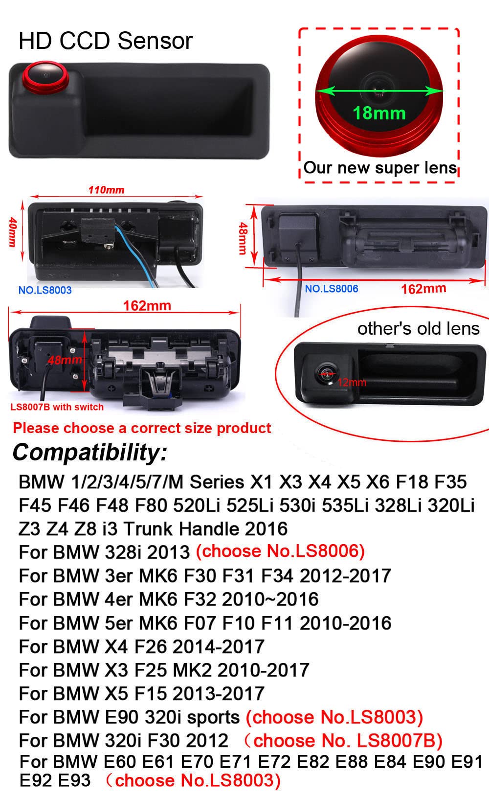 Caméra de Recul Voiture Remplacement pour BMW Série 1/3/5 X1 X5 X6 (E39 E46 E60 E61 E70 E71 E72)