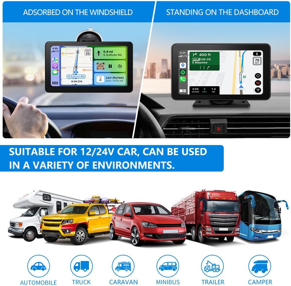 Stéréo de voiture portable HD 7" : compatible Apple Carplay et Android Auto sans fil, commande vocale, Mirror Link, Bluetooth, navigation GPS - Récepteur audio de voiture