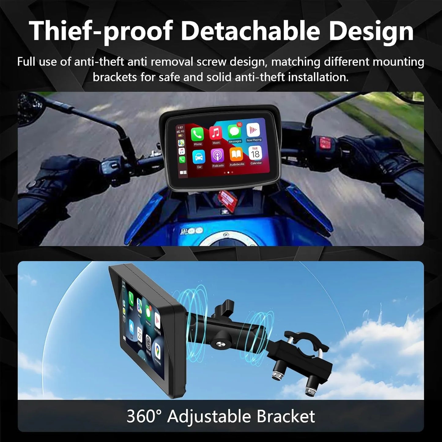 Écran Moto Jmance 5 Pouces Carplay Android Auto Sans Fil | Autoradio | Android 14 | Écran Tactile | Bluetooth | GPS