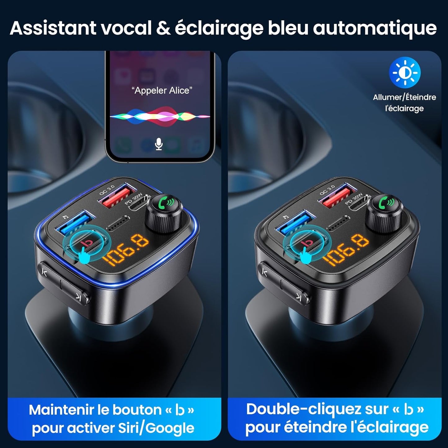 Émetteur Bluetooth Voiture  Kit Main Libre & Charge Rapide USB-C 30W