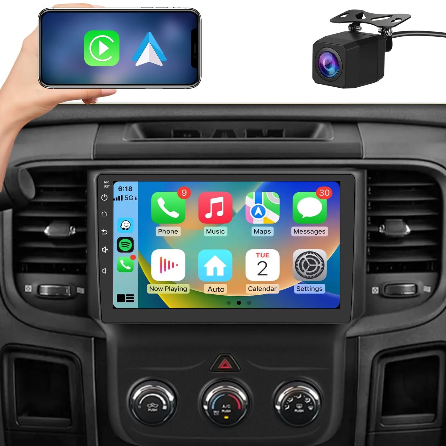 Stéréo de voiture 4 Go + 64 Go 9" pour Dodge Ram 2013-2019 1500/2500/3500, CarPlay/Android Auto intégré, DSP, BT, GPS, FM, WiFi, caméra gratuite, manuel AC