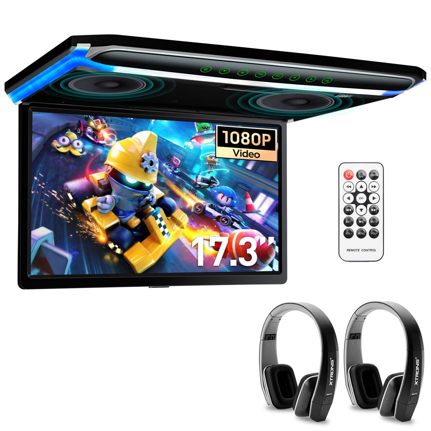 Écran TFT 17.3" Full HD 1080P – Lecteur de Toit Voiture avec Casque IR Noir