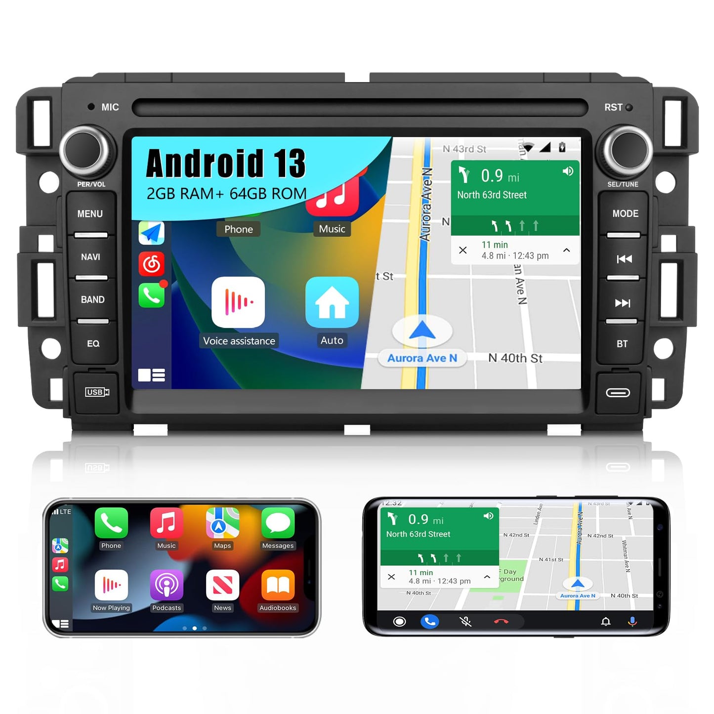 【2 + 64 Go】 Stéréo de voiture Android 13 pour Chevrolet Silverado/GMC Sierra/Yukon, navigation GPS, CarPlay/Android Auto, remplacement de radio de lecteur vidéo multimédia