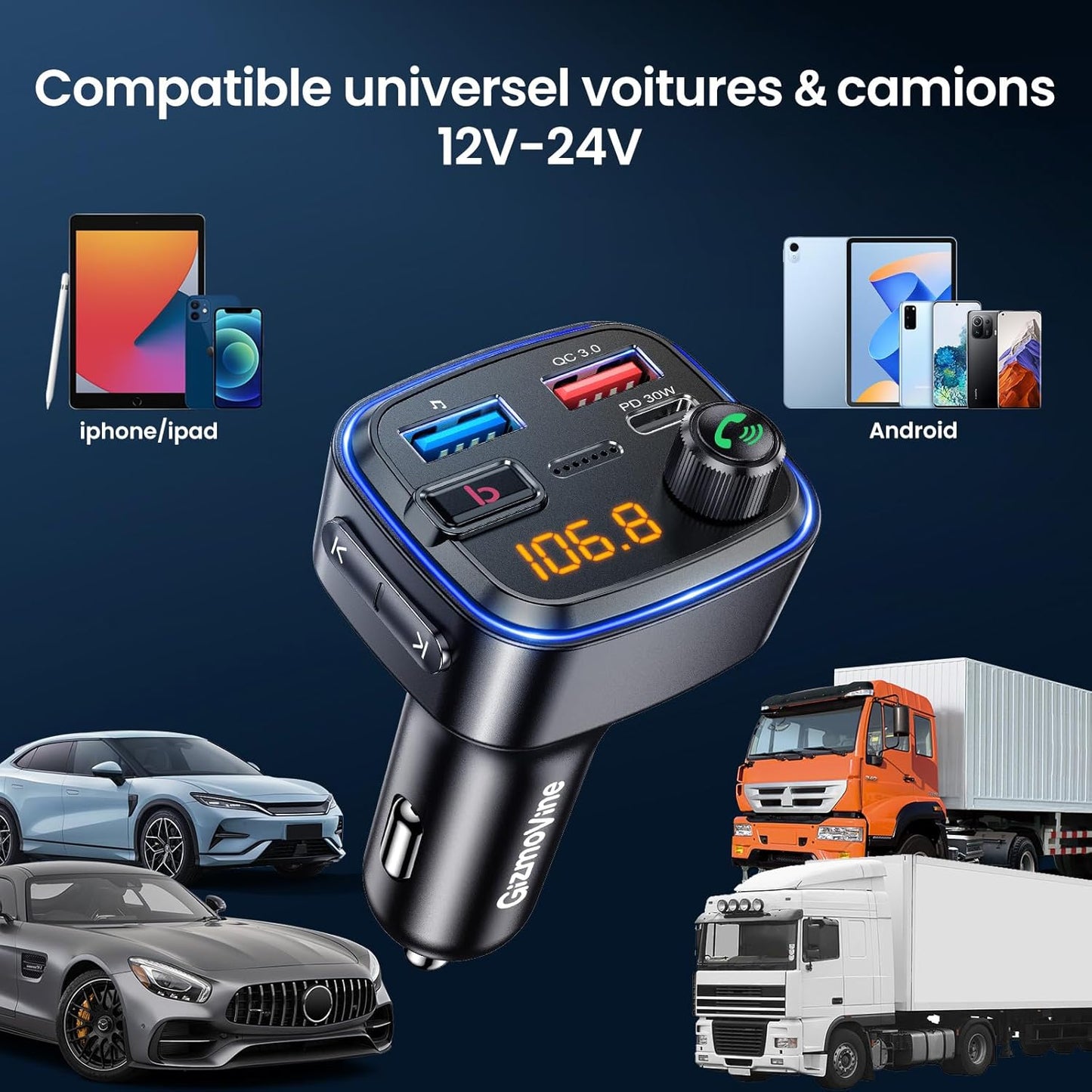 Émetteur Bluetooth Voiture  Kit Main Libre & Charge Rapide USB-C 30W