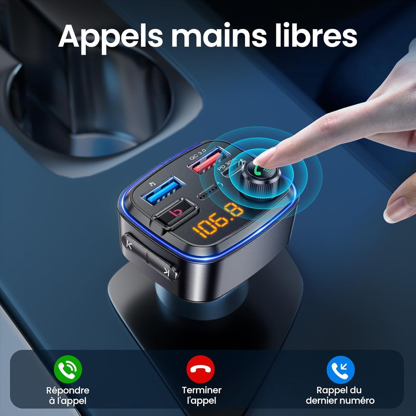 Émetteur Bluetooth Voiture  Kit Main Libre & Charge Rapide USB-C 30W