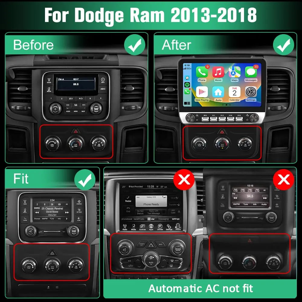 Autoradio Dodge Ram 2013-2019 : 9", CarPlay/Android Auto, 2 Go de RAM, 32 Go de ROM, DSP, Bluetooth, GPS, FM, WiFi, climatisation automatique pour modèles 1500/2500/3500.