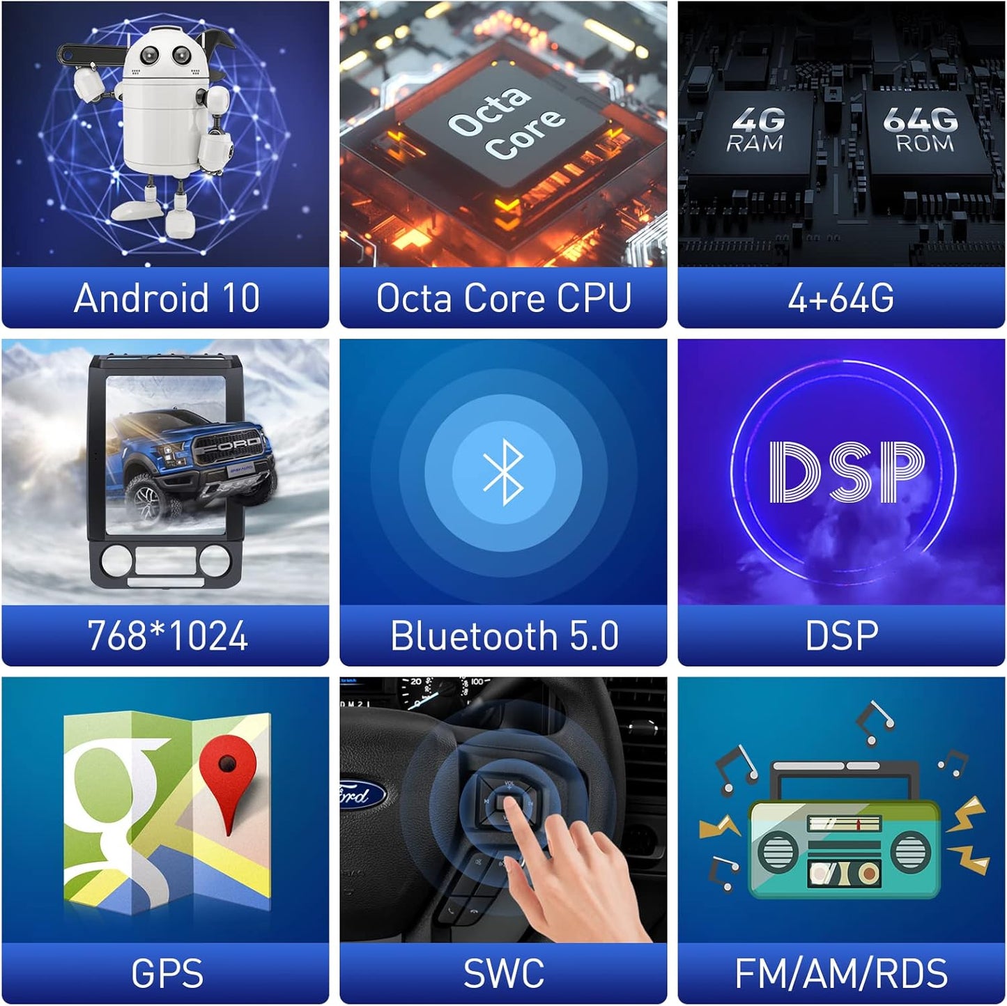 Autoradio Android 12 pour Ford F150 (2015-2018) - Écran tactile IPS 12,1", 4 Go + 64 Go, GPS, 4G LTE, WiFi, CarPlay sans fil, RDS, caméra, mise à niveau de l'unité principale