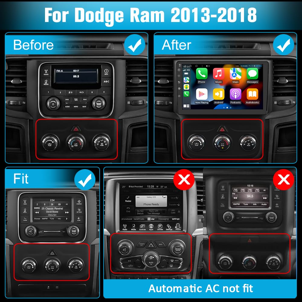 Autoradio Android pour Dodge Ram 2013-2019 : écran 10,6", 4G+64G Qualcomm 6215, Carplay/Android Auto, BT/WiFi/GPS/AM/FM/SWC/4G (SIM non inclus), AUTO AC