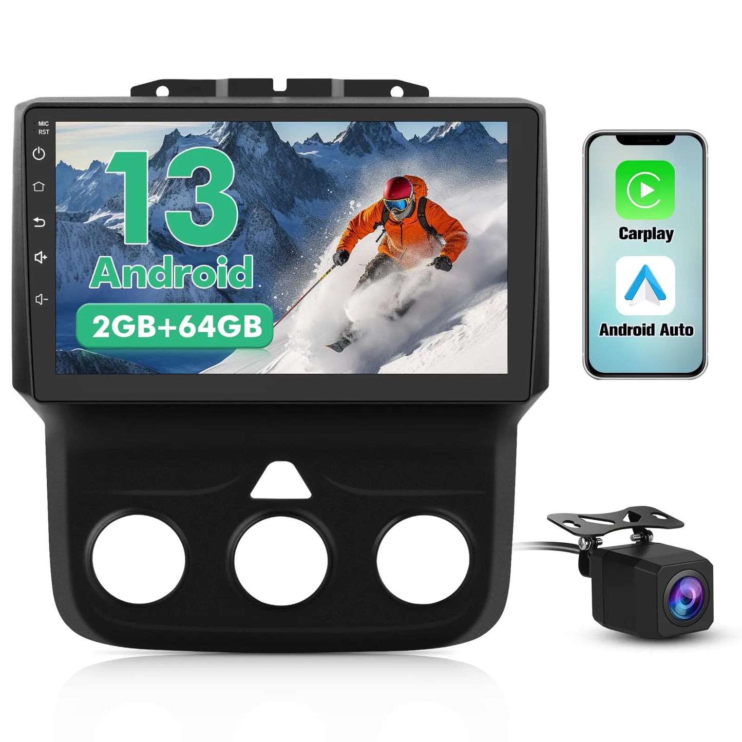 Autoradio Android 13 4G+64G pour Dodge RAM 1500-3500 (2013-2018) avec CarPlay, Android Auto, Bluetooth, GPS, WiFi, processeur Qualcomm