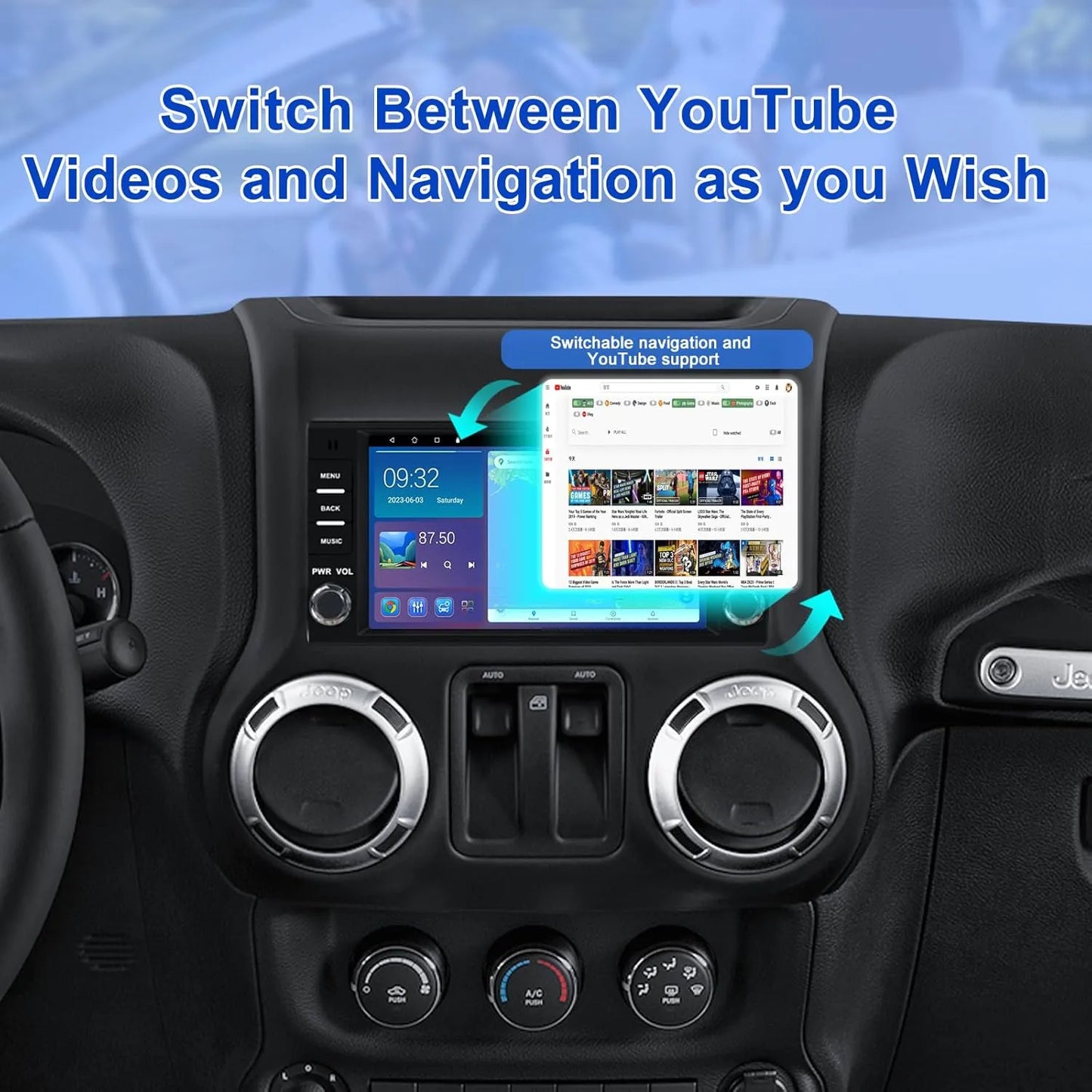 Autoradio Android 7" 2 + 64 Go pour Jeep Wrangler/Compass/Patriot, Chrysler Sebring, Dodge RAM : GPS, Carplay sans fil/Android Auto, Bluetooth, WiFi, DSP, caméra de recul
