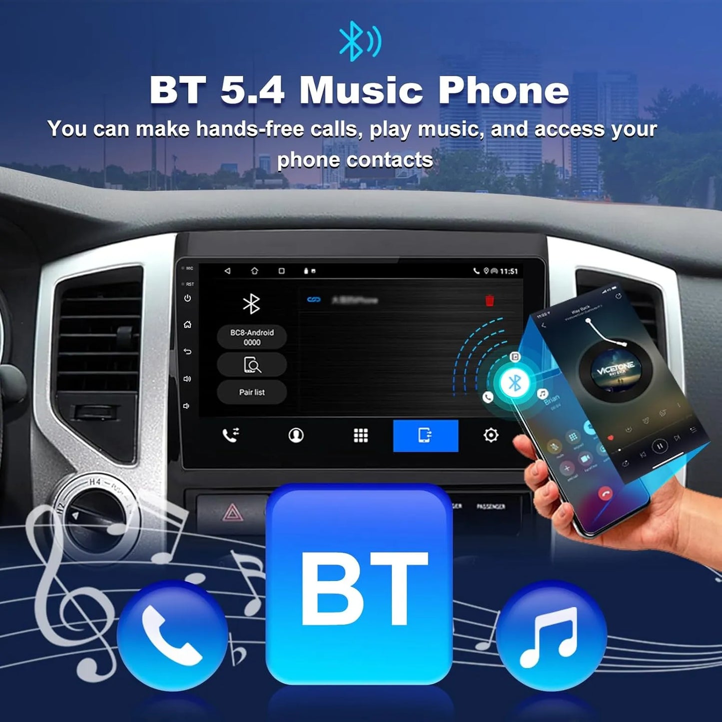 Stéréo de voiture Android 9" pour Toyota Tacoma 2005-2013, 4+64 Go, Apple CarPlay, Android Auto, navigation GPS, caméra de recul AHD, radio à écran tactile