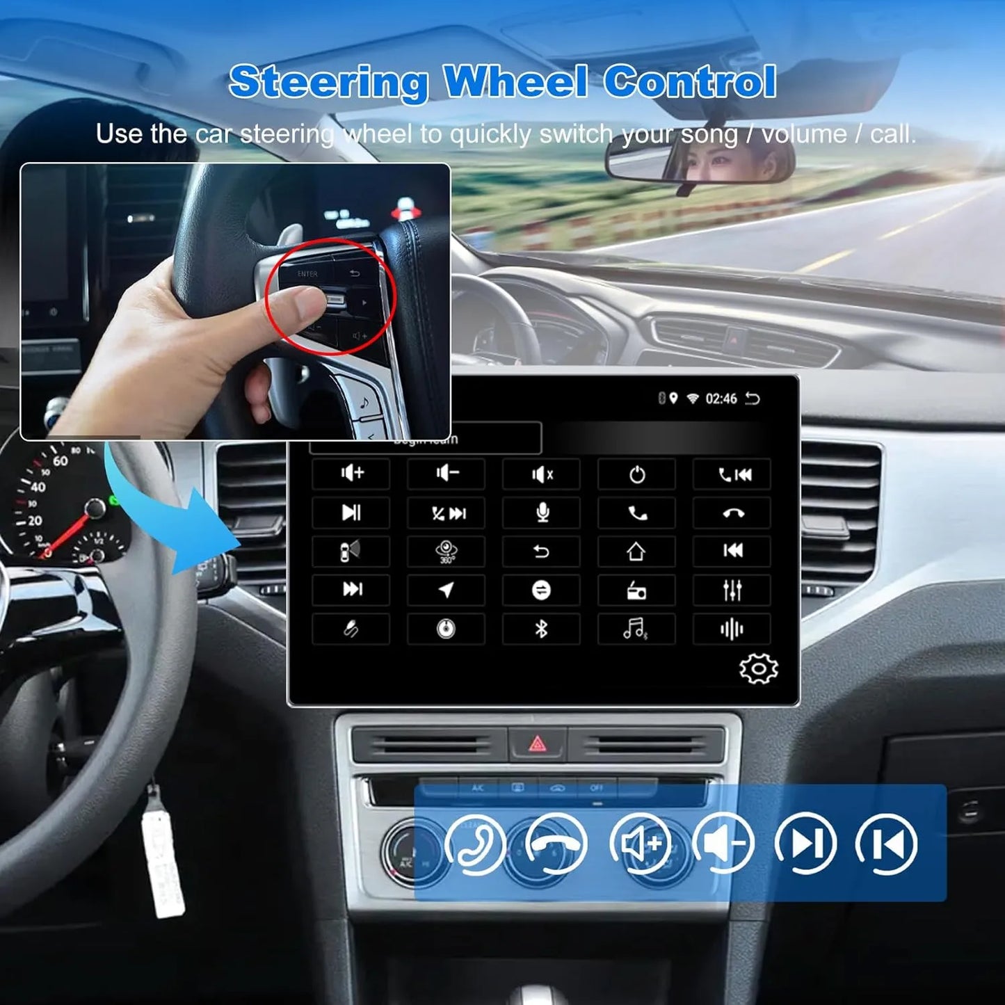 Autoradio android 6+128 Go 13" Double Din Android 13 Autoradio : Octa Core, écran tactile QLED, caméras avant/arrière, Bluetooth, GPS, DSP, AM/FM/RDS, SWC, WiFi