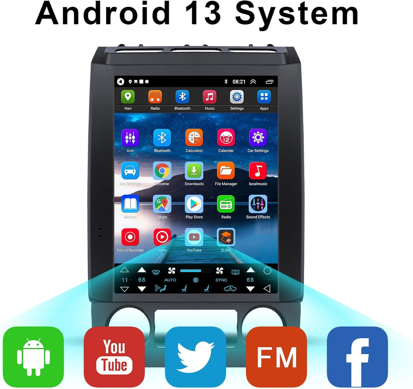 Autoradio Ford F150 2015-2020 Android 13 : écran tactile IPS 12,1", GPS, CarPlay sans fil, Android Auto filaire, commandes au volant, Bluetooth, WiFi.