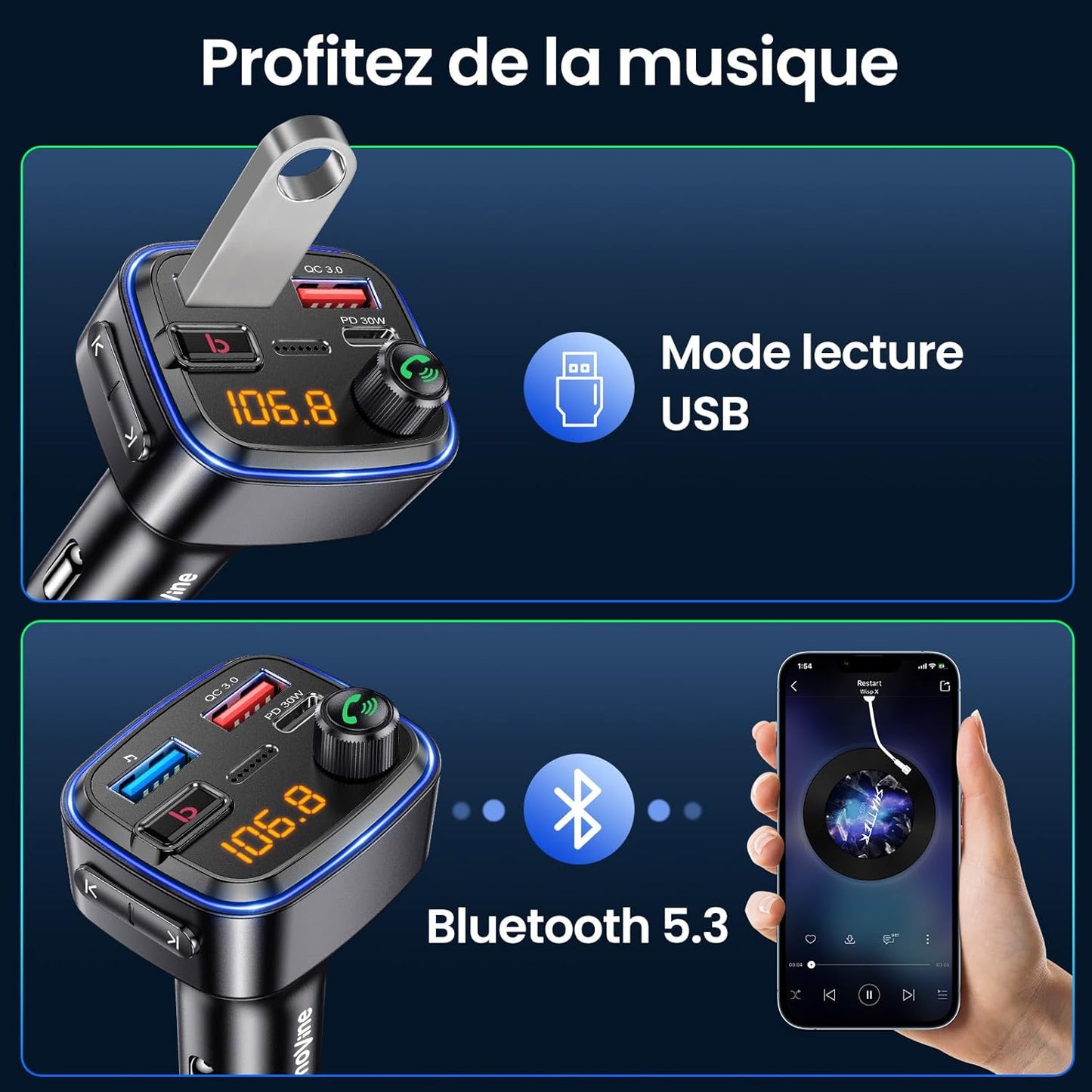 Émetteur Bluetooth Voiture  Kit Main Libre & Charge Rapide USB-C 30W