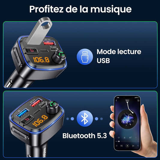 Émetteur Bluetooth Voiture  Kit Main Libre & Charge Rapide USB-C 30W