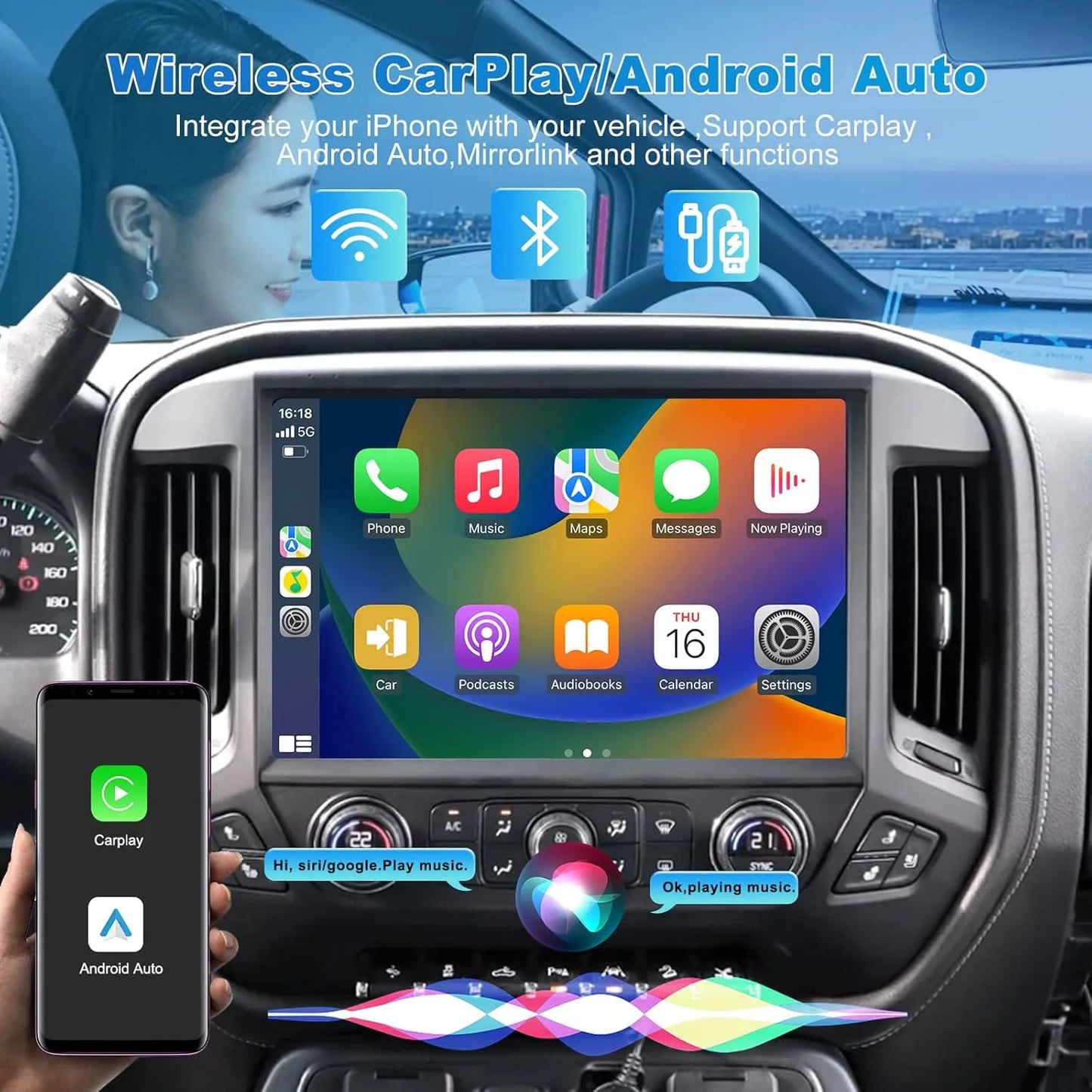 Mise à niveau de l'autoradio Android 11 13" pour Chevrolet Silverado/GMC Sierra 2014-2018 : 4+64 Go, Octa Core, QLED, Bluetooth, GPS, caméra avant/arrière, DSP, AM/FM/RDS, SWC, WiFi.