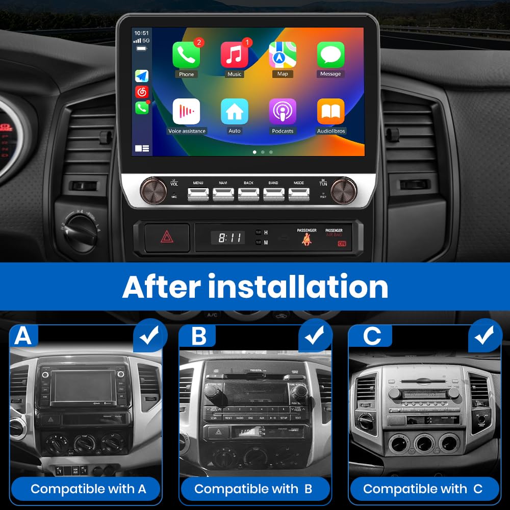 Autoradio Android 10" pour Toyota Tacoma 2005-2015, 2 Go de RAM, 64 Go de ROM, CarPlay/Android Auto, Bluetooth, WiFi, GPS, FM/AM, sans caméra