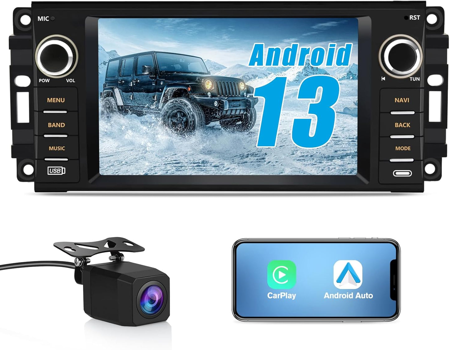 Autoradio 5G WiFi Android 13 pour Dodge RAM 1500-3500 (2009-2012), CarPlay/Android Auto sans fil, GPS, caméra de recul HD, 2 Go + 32 Go