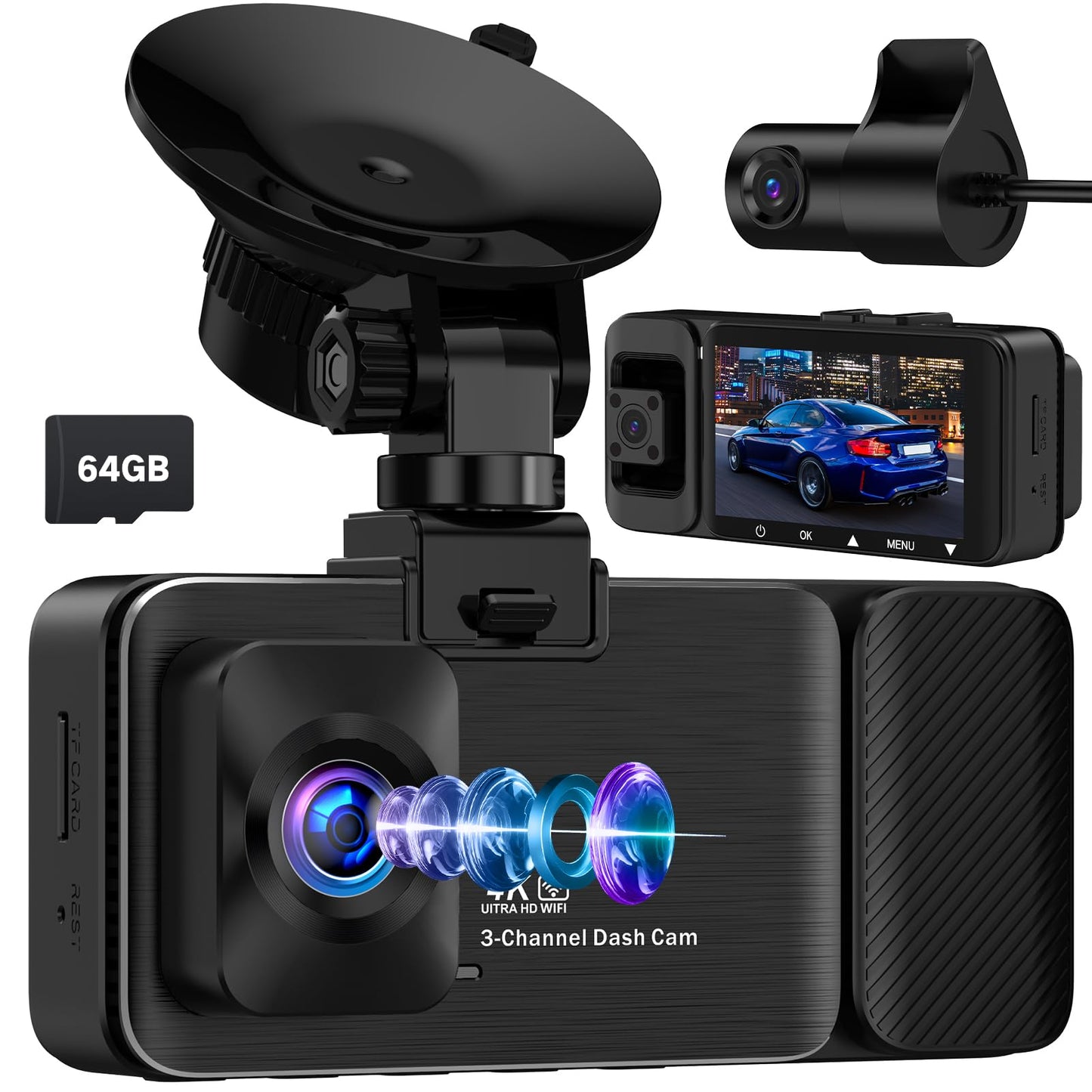 Caméra embarquée 3 canaux 4K avant/intérieur/arrière avec WiFi 5G, écran 3", vision nocturne, mode parking 24H, carte 64Go