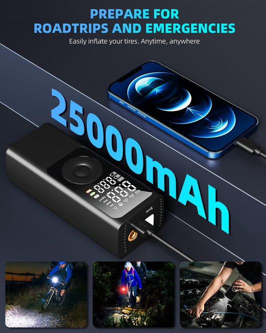 Gonfleur Ultra-Rapide 25000mAh - Solution Pneus Voiture/Moto/Vélo