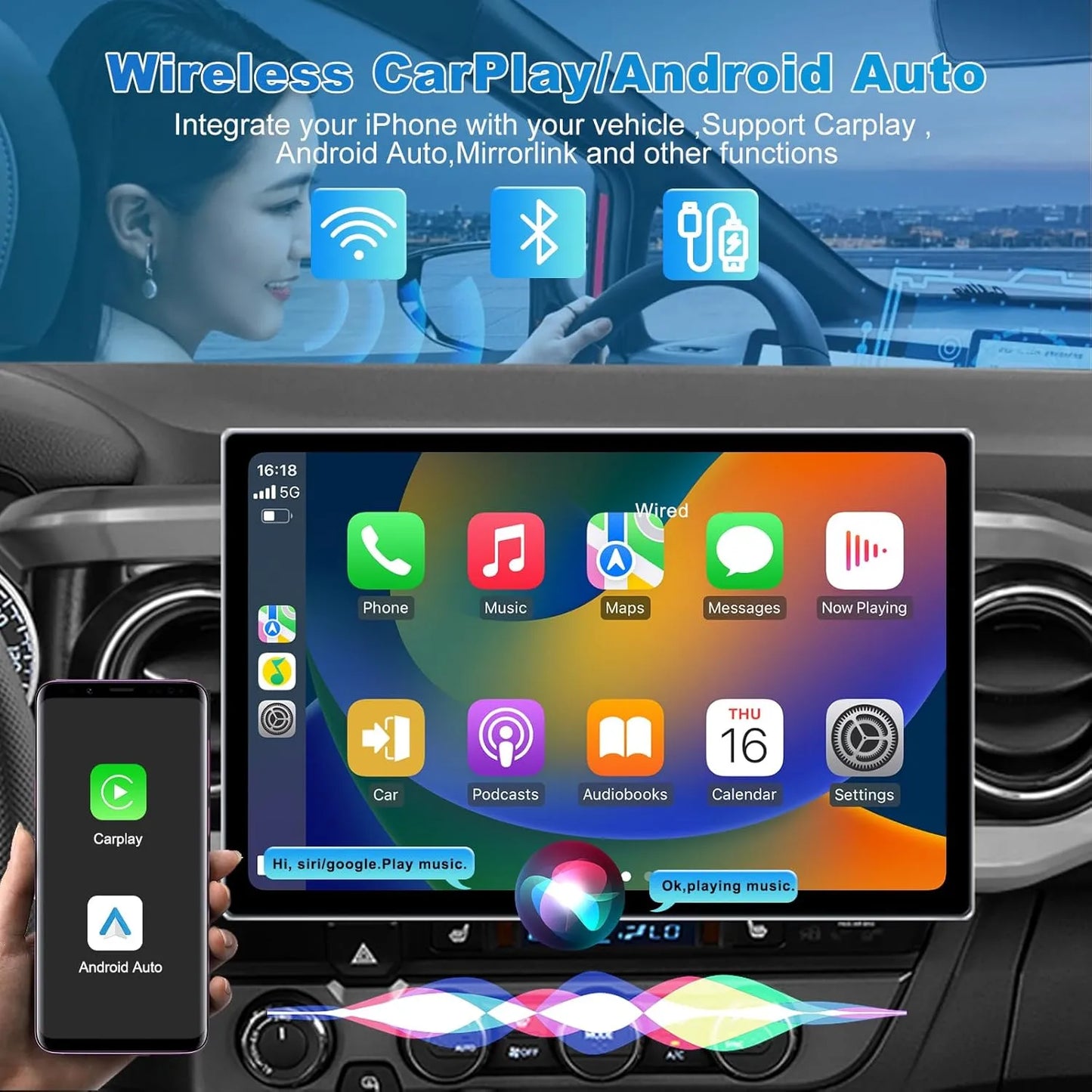 Autoradio Toyota Tacoma 2015-2022 13" Android 13 RAM 4+64 Go, Octa Core, QLED, Bluetooth, GPS, DSP, AM/FM/RDS, SWC, WiFi, interface utilisateur 3D, caméra avant/arrière
