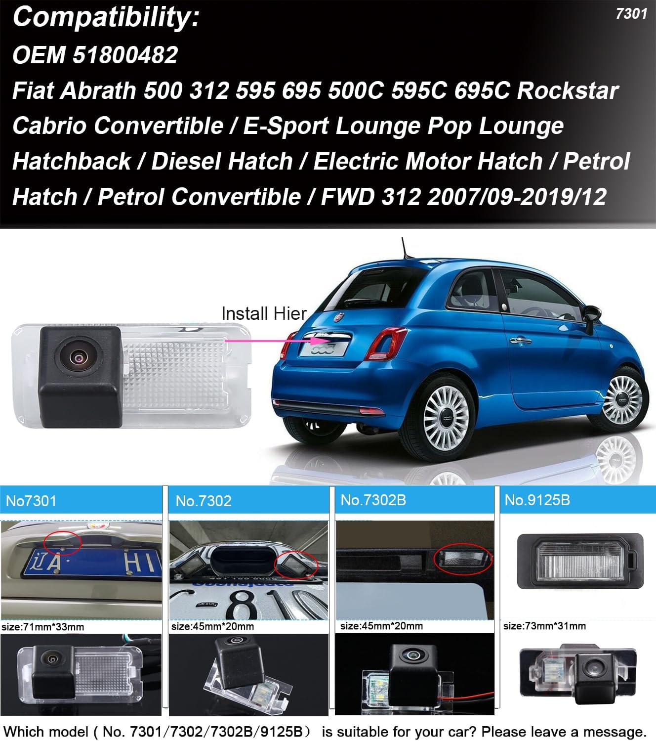 Caméra de Recul – Vision Nocturne pour Fiat 500, 500C, Abarth, 595C, 695C et Linea