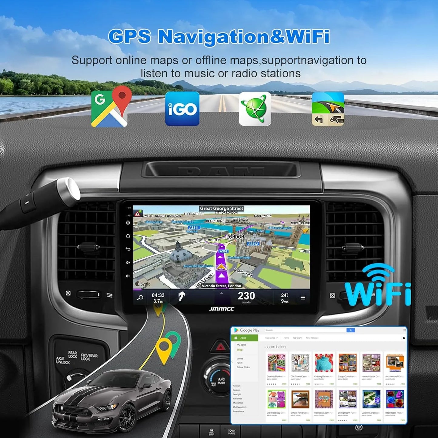 Autoradio Android 4+64 Go pour Dodge Ram 1500-3500 (2013-2018) – Octa Core, GPS, 4G, DSP HiFi, AM/FM/RDS, SWC, kit de remplacement radio