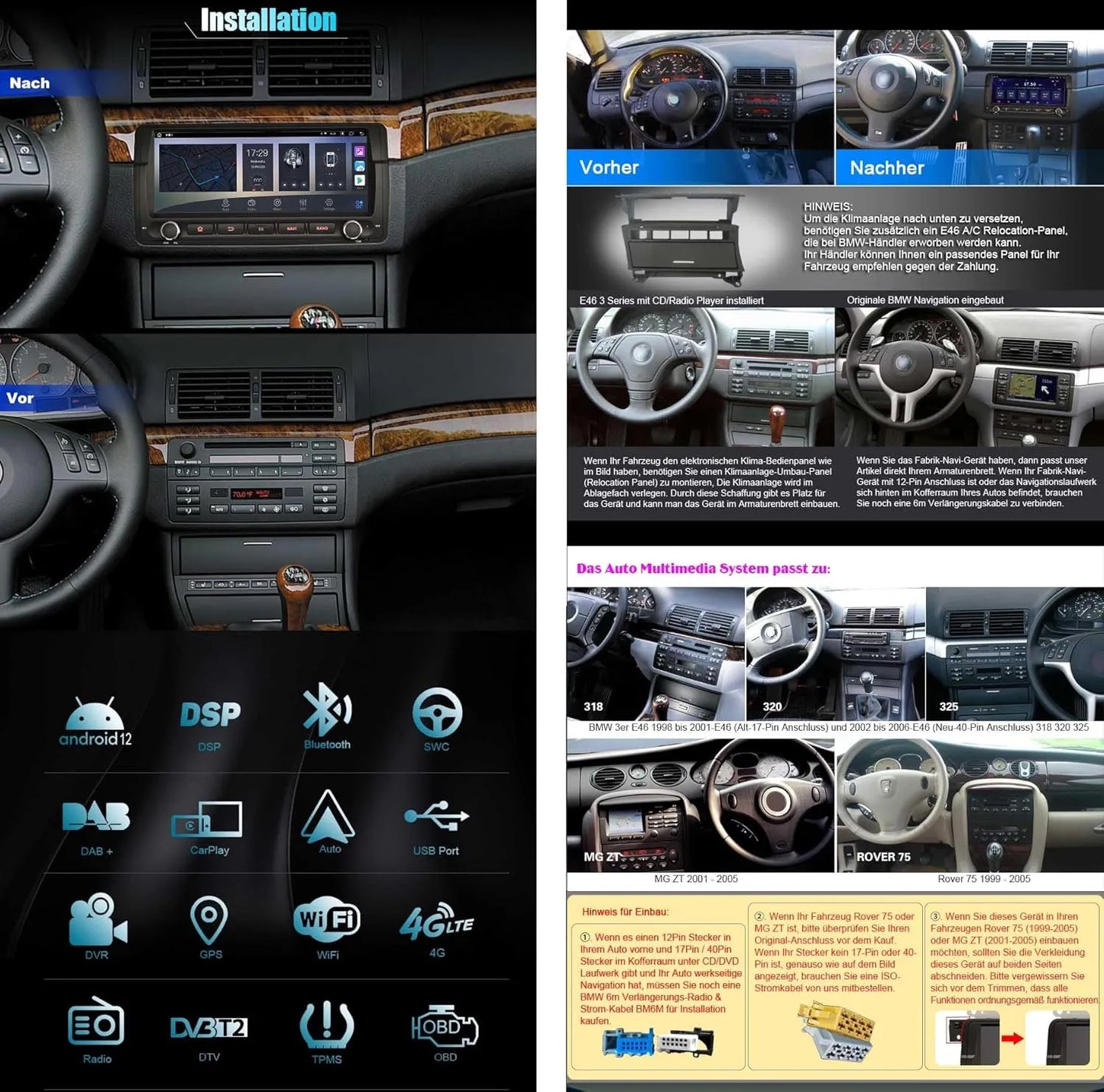 Autoradio Android 12 pour BMW Série 3 E46, M3, Rover 75, MG ZT | Écran 8.8" | CarPlay, Android Auto, GPS, DSP