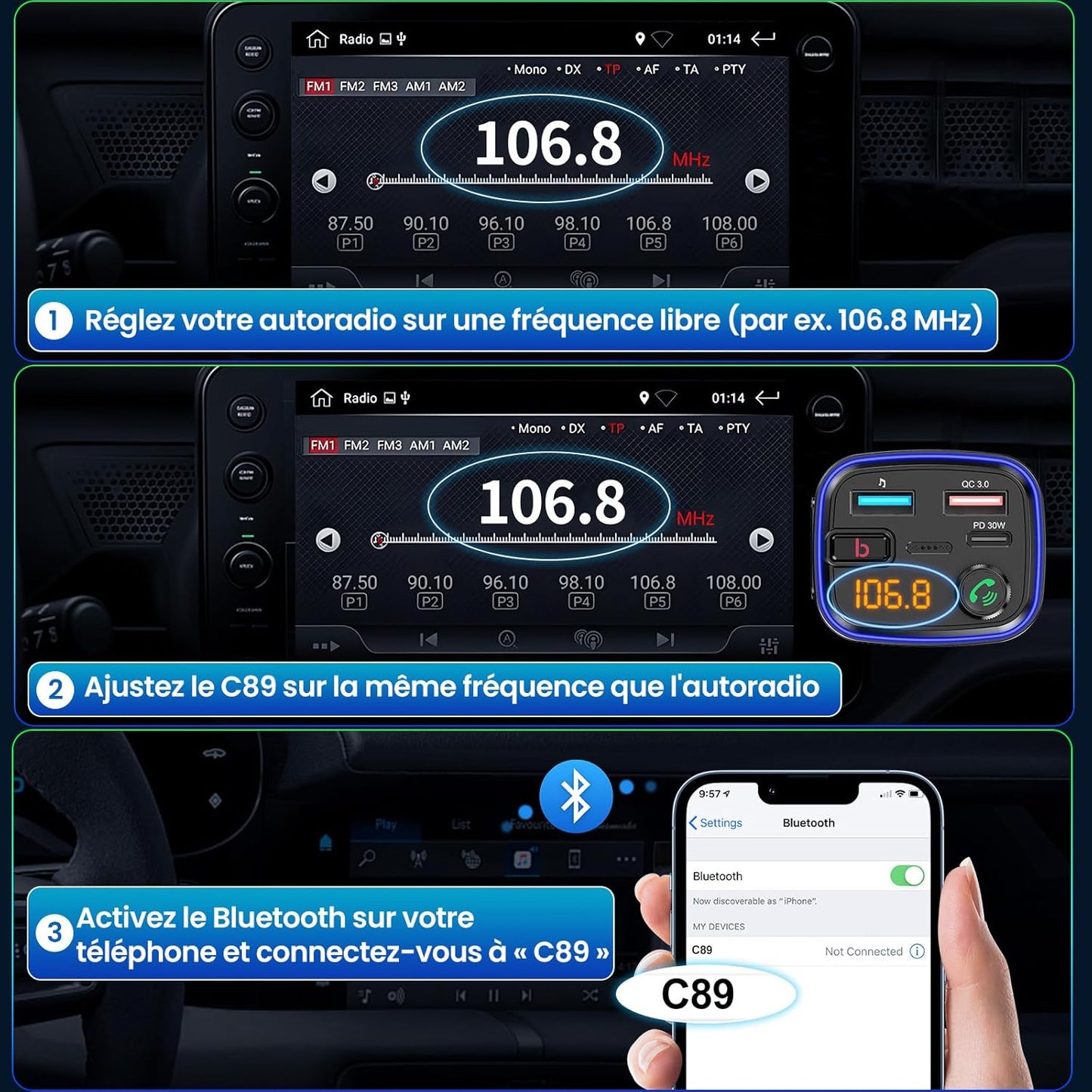 Émetteur Bluetooth Voiture  Kit Main Libre & Charge Rapide USB-C 30W