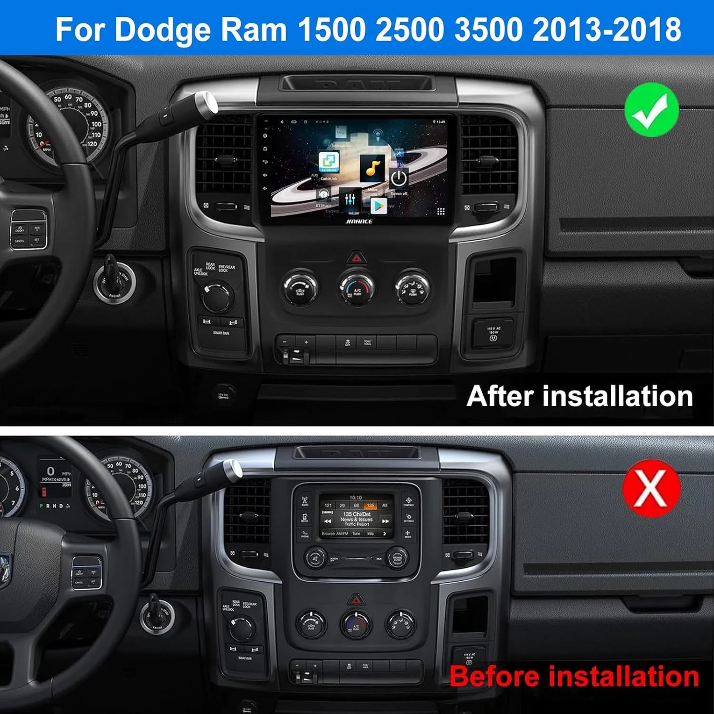 Autoradio Android 4+64 Go pour Dodge Ram 1500-3500 (2013-2018) – Octa Core, GPS, 4G, DSP HiFi, AM/FM/RDS, SWC, kit de remplacement radio