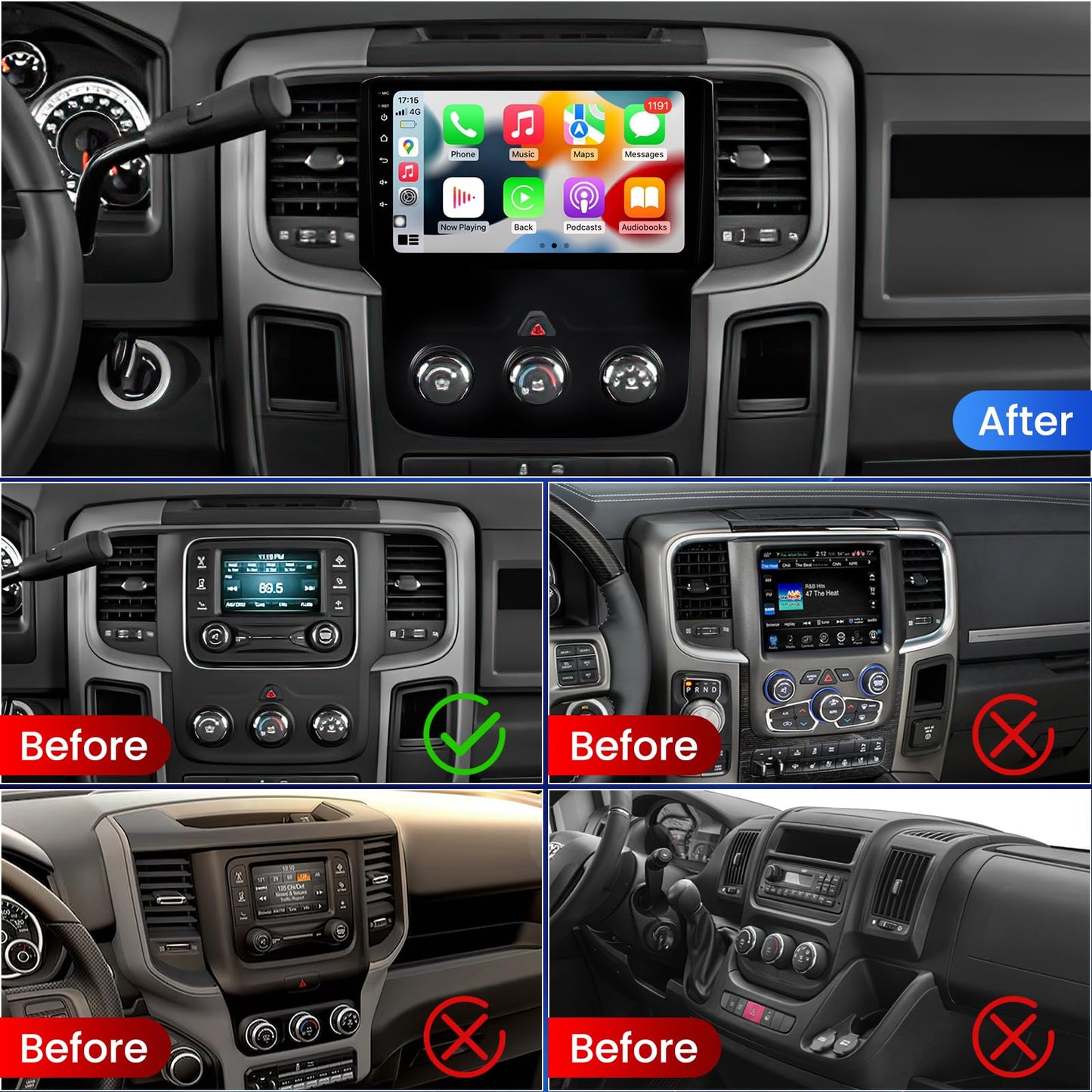 Autoradio stéréo 4+64 Go pour Dodge Ram 1500-3500 (2013-2019) avec AC manuel, Android 13 8 cœurs, QLED Touch 9", CarPlay/Android Auto, kit de tableau de bord de mise à niveau DSP/RDS