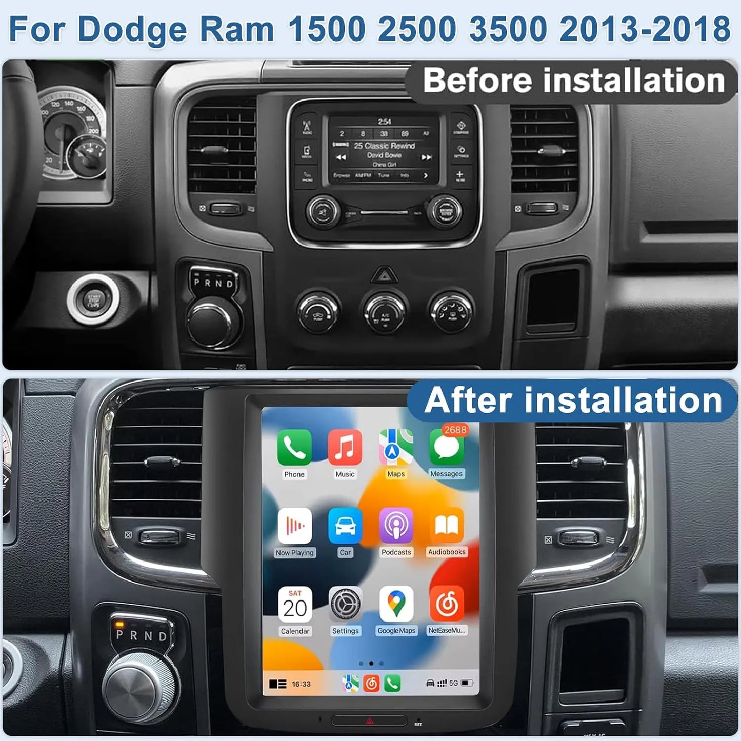 Autradio Android de style T 10,4" pour Dodge Ram 1500/2500/3500 (2013-2018) - CarPlay, Android Auto, 4G RAM, 64G ROM, WiFi, Bluetooth, SWC, navigation GPS