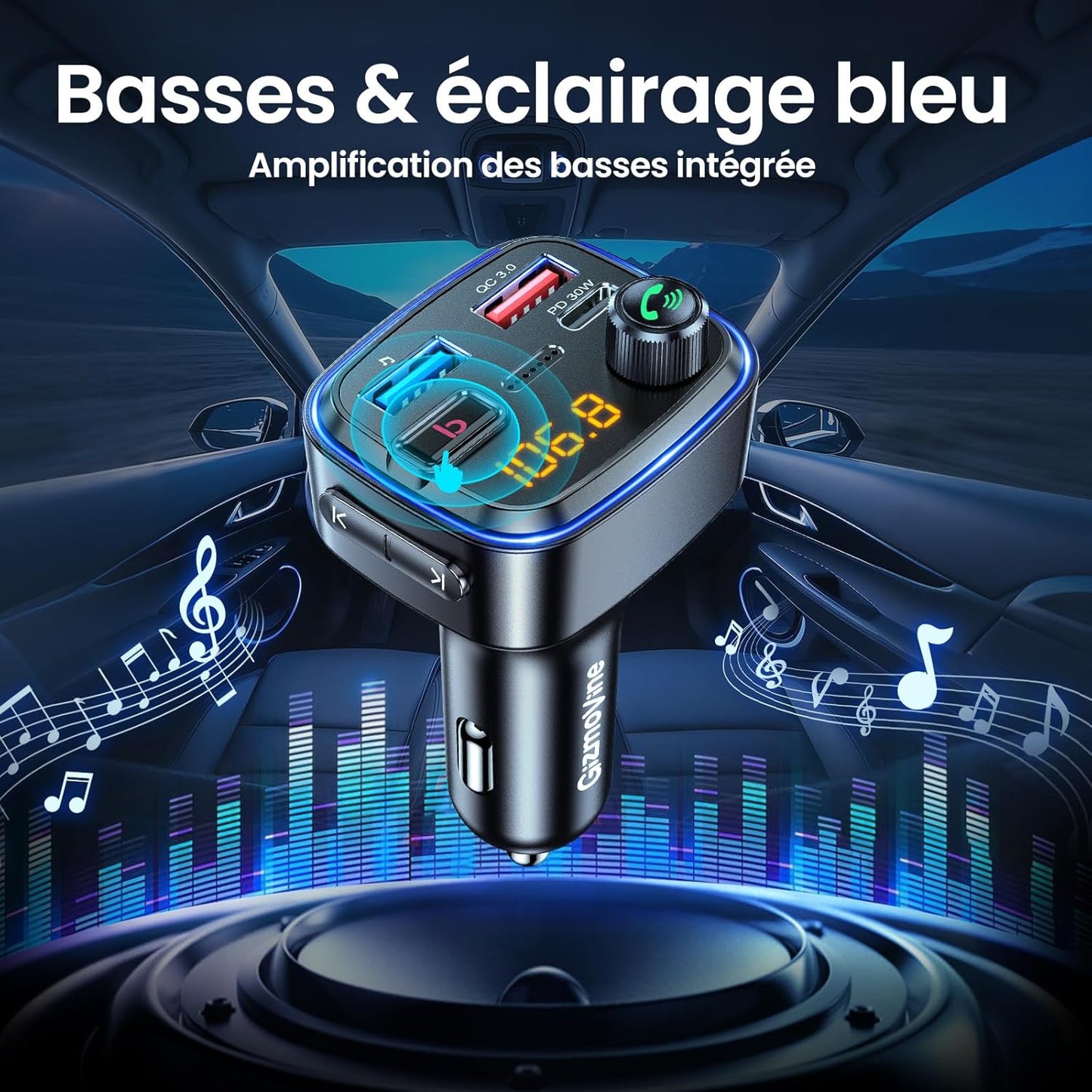 Émetteur Bluetooth Voiture  Kit Main Libre & Charge Rapide USB-C 30W