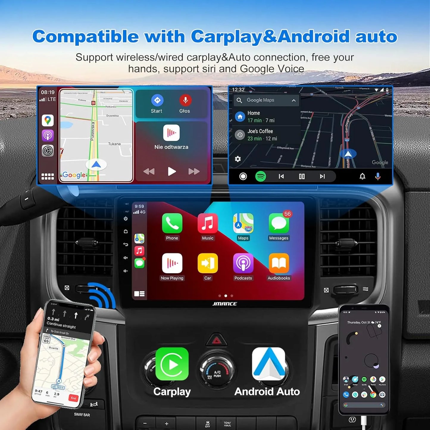 Autoradio Android 4+64 Go pour Dodge Ram 1500-3500 (2013-2018) – Octa Core, GPS, 4G, DSP HiFi, AM/FM/RDS, SWC, kit de remplacement radio