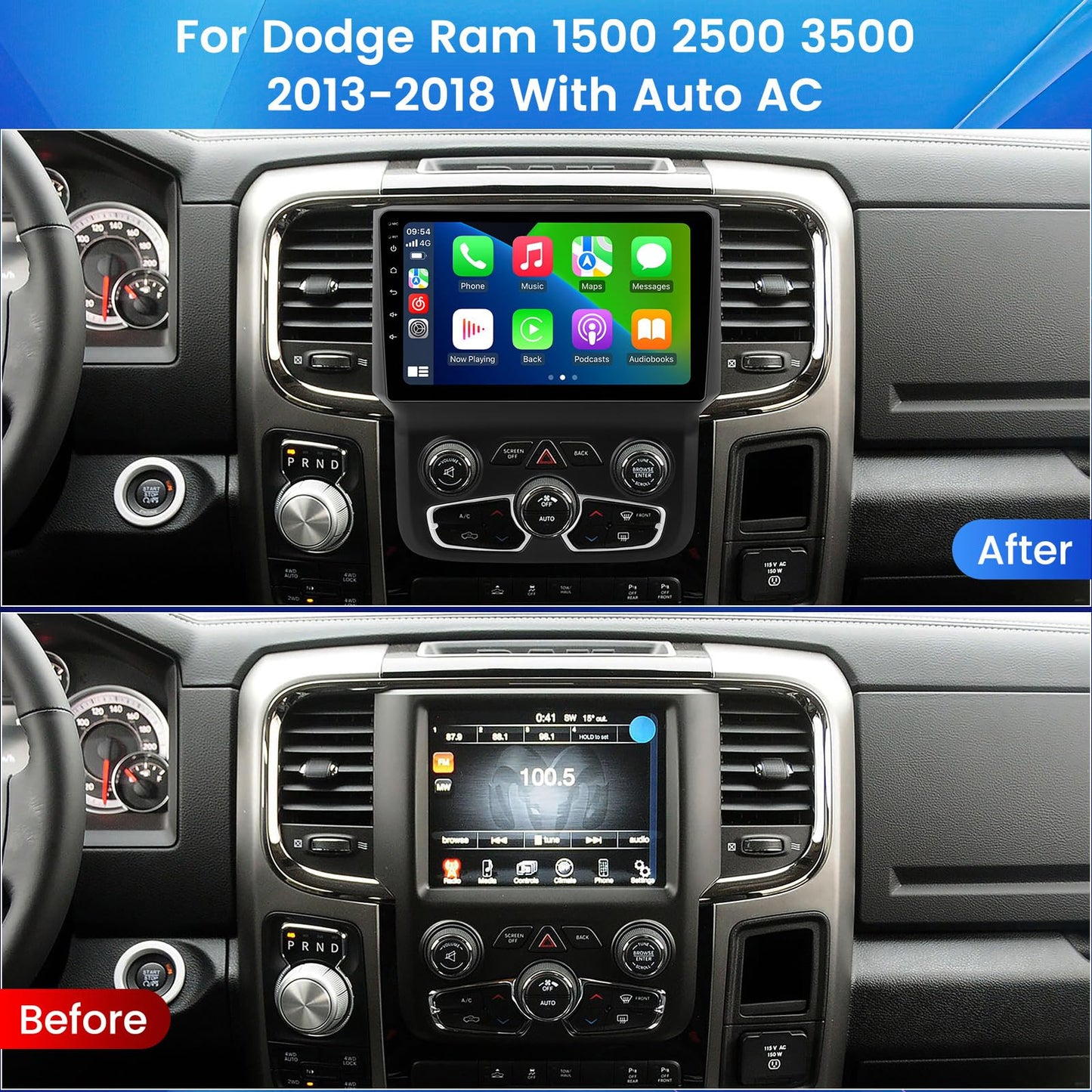 Stéréo de voiture Android 13 8 cœurs 4 + 64 Go pour Dodge Ram 1500-3500 (2013-2019) avec climatisation automatique, écran tactile 9" 1280 x 720, CarPlay/Android Auto, DSP, AM/FM, SWC, WiFi 5G