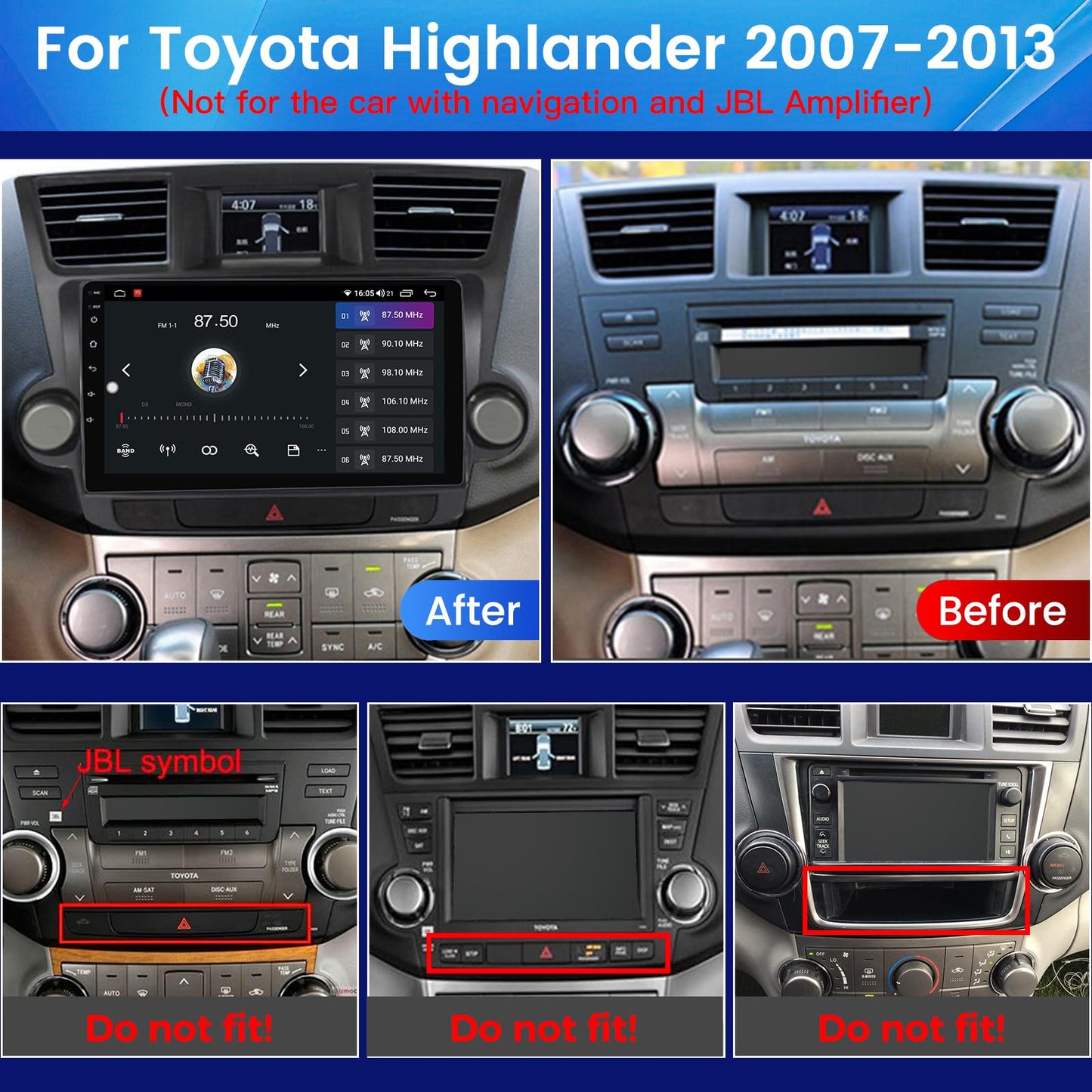 Toyota Highlander 2009-2014 10,1" Android 13 Stéréo : 4+64 Go, 8 cœurs, 1280 x 720, WiFi 5G, GPS, Car-Play, Android Auto, FM, DSP, SWC, vue arrière